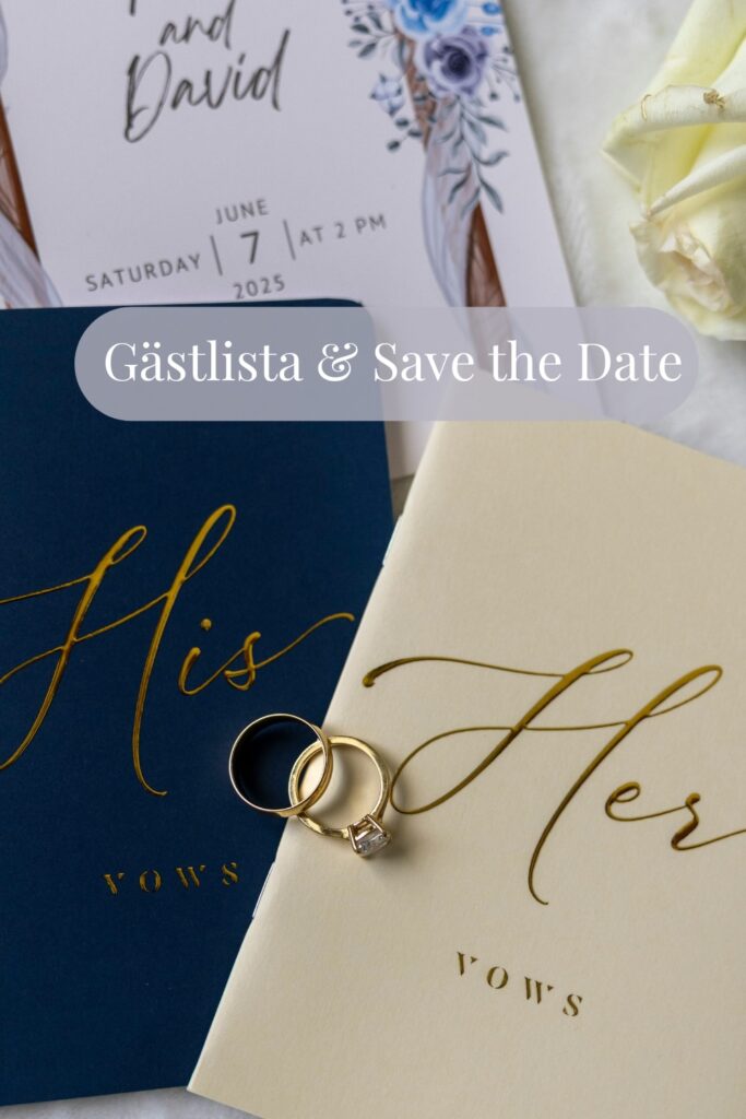 Bröllopsringar, save the date-kort och löftesböcker med texten “His” och “Her” – planering av gästlista och inbjudan.